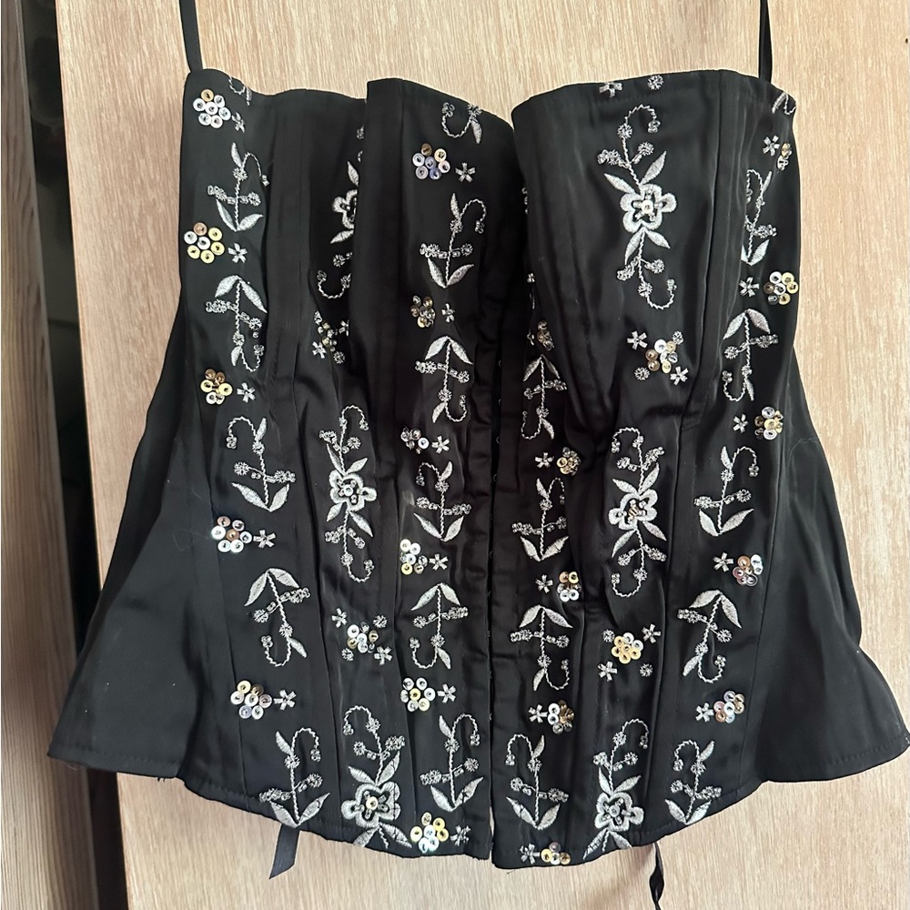 Black Floral Embroidered Corset Top by L Pogee Size M